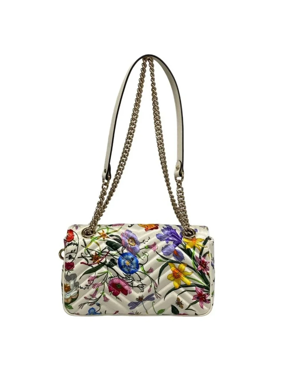 Gucci Shoulder Bag GG Marmont Quilted Medium Flora White Dark Green Multi Chain